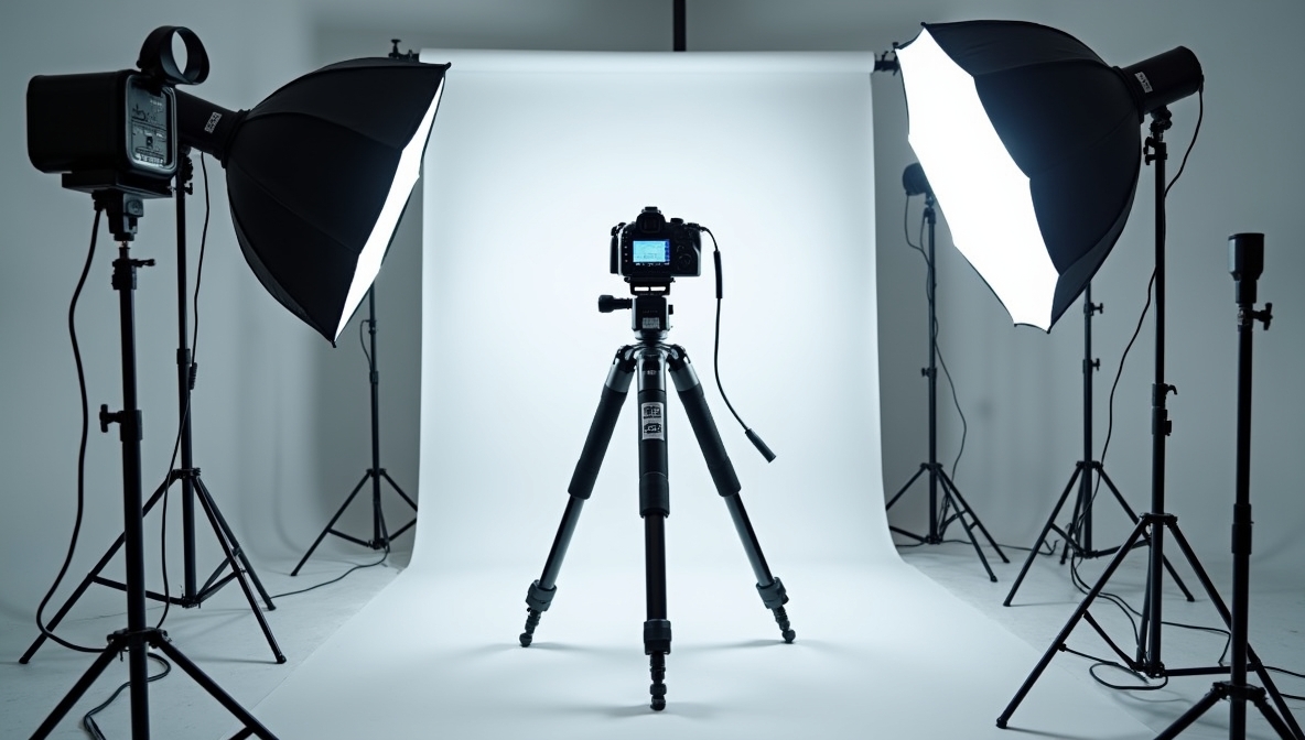 Professional photography studio setup with camera and lighting equipment